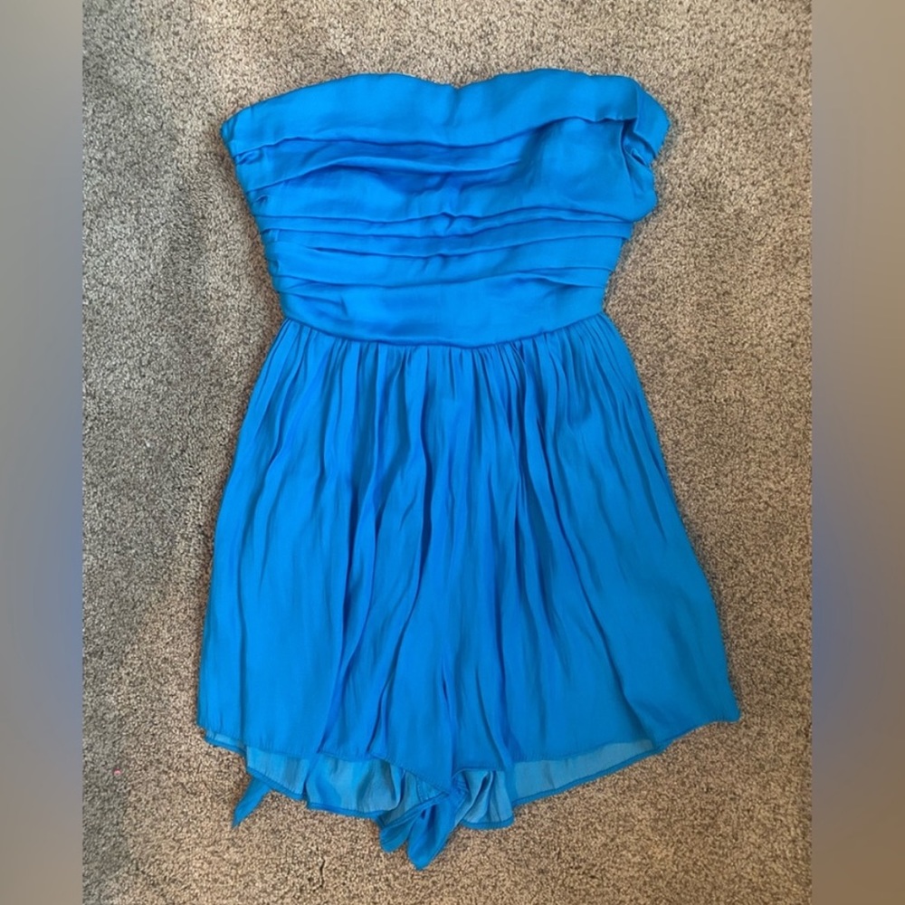 DO+BE silk strapless back-tie romper, blue, size small